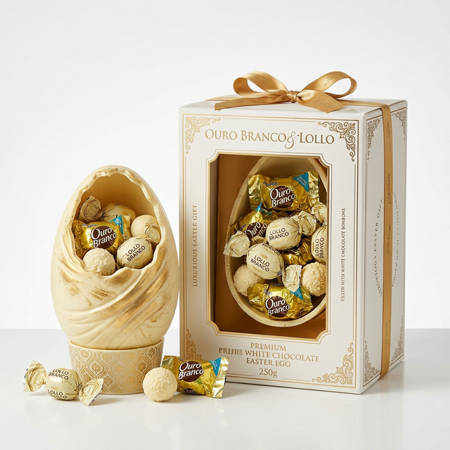 Ovo Branco Luxo - Ovo de Páscoa com Ouro Branco e Lollo Branco